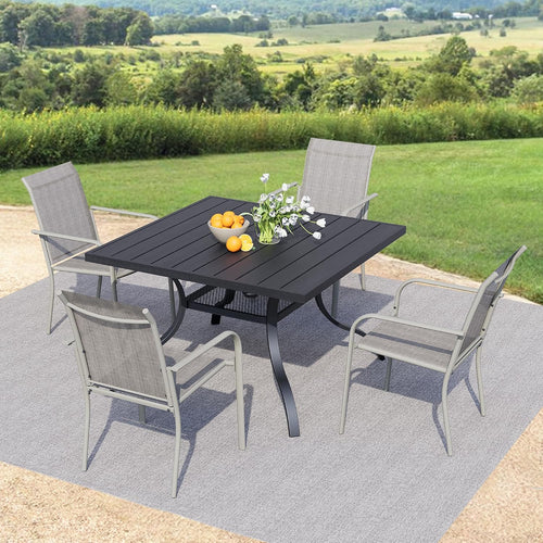 5 Pieces Outdoor Dining Set, Black Square Metal Table with Umbrella Hole & Stackable Chairs, Outside Furniture Set for Patio, Deck, Yard, Porch, Gray