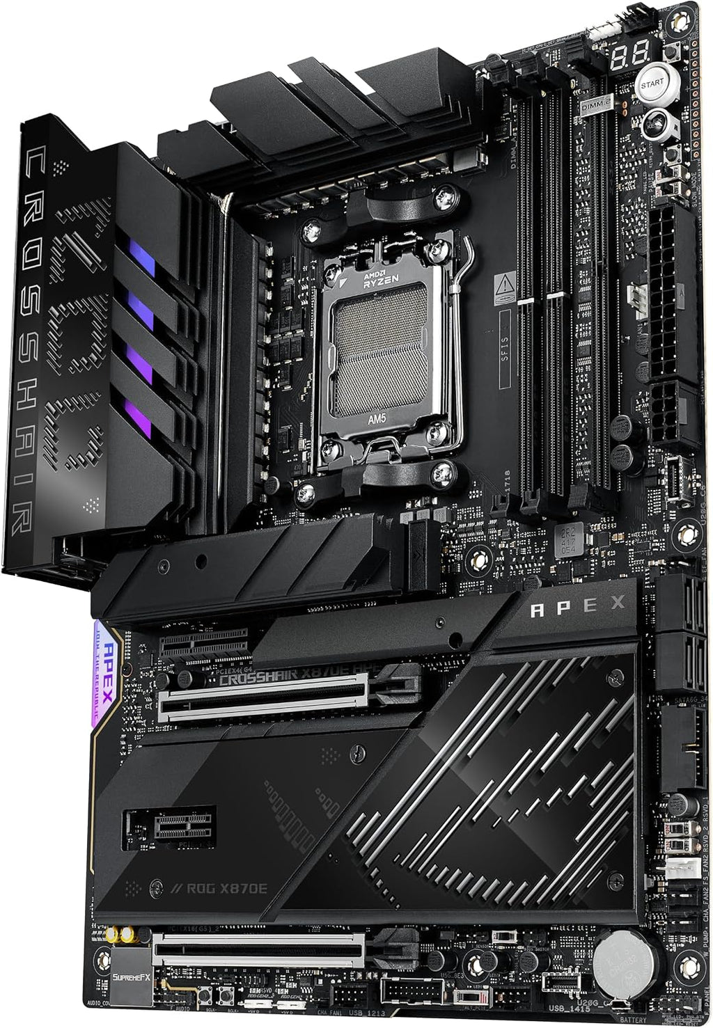 ASUS ROG Crosshair X870E APEX AMD X870E AM5 ATX Motherboard, Advanced AI PC-Ready, 18+2+2 Stages, DDR5, ROG Memory Fan, ROG DIMM.2 Card, Wi-Fi 7, 5G LAN, 3X M.2, PCIe® 5.0, USB4®, USB Type-C®, AI OC