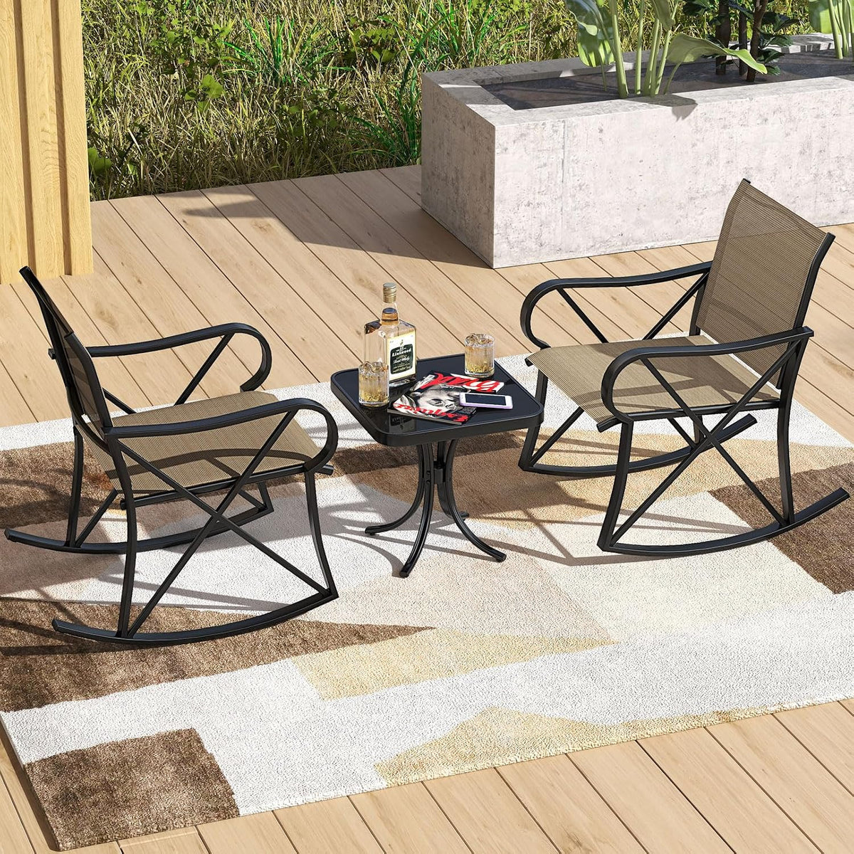 HAPPYGRILL 3-Piece Patio Rocking Bistro Set Rocker Chairs Set with Side Table, Outdoor Conversation Furniture Set with Metal Frame for Porch, Garden, Backyard, Balcony (Brown)