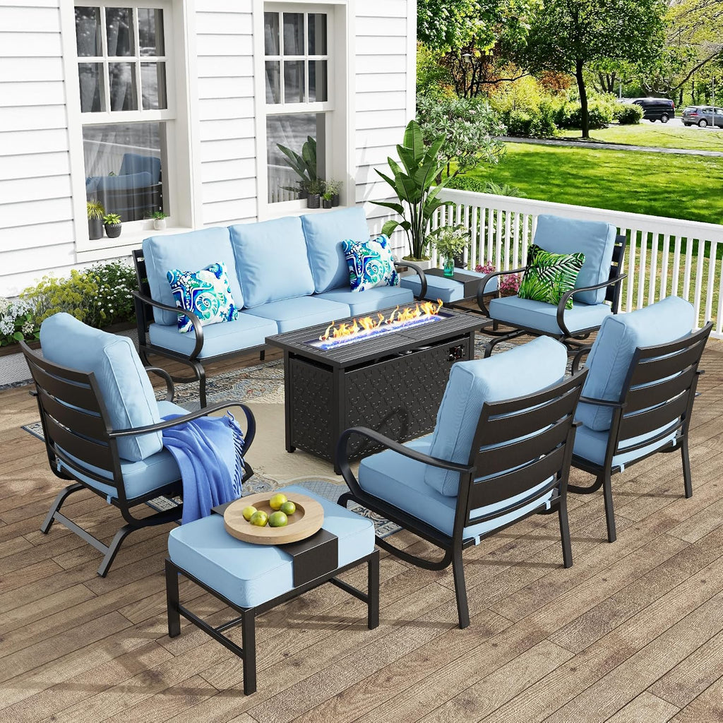 MFSTUDIO 8 Pieces Patio Furniture Sets with 45' Gas Fire Pit Table(Up to 9 Seat),Outdoor Metal Conversation Sofas with 1 x 3-Seat Sofa, 2 Single Chairs,2 Rocking Chairs and 2 Ottoman,Blue Cushion