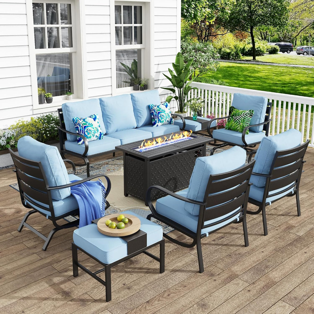 MFSTUDIO 8 Pieces Patio Furniture Sets with 45' Gas Fire Pit Table(Up to 9 Seat),Outdoor Metal Conversation Sofas with 1 x 3-Seat Sofa, 2 Single Chairs,2 Rocking Chairs and 2 Ottoman,Blue Cushion
