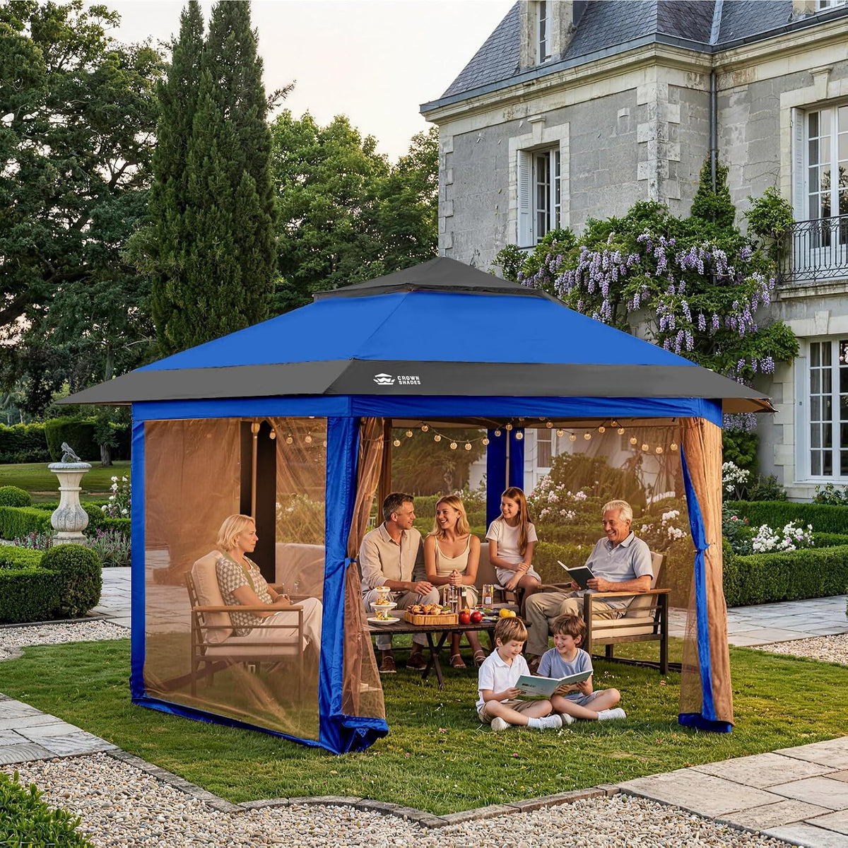 CROWN SHADES 13x13 Pop Up Gazebo with Mosquito Nettings, Patented Center Lock 6-Sided Portable Gazebo, 300D Silver-Coated Fabric UV Resistant, Pop Up Canopy Tent for Patio, Party, Blue&Light Grey