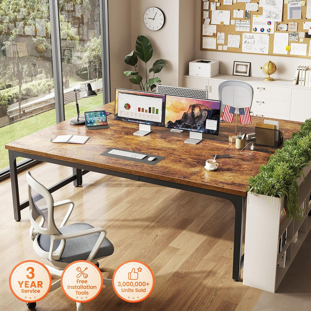 Huuger 71 x 31.5 Inch Desk with Power Outlets & USB-C, 0.95 Inch Thicker Desktop, Robust Metal Tubes, Deep Computer Desk, Heavy Duty Office Desk, Work Desk for Home Office, Rustic Brown