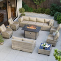 14-Piece Outdoor Patio Furniture Set with Rocking Swivel Chair, Wicker Rattan Sectional Sofa Conversation Set with 55,000 BTU Fire Pit Table, Backyard Furniture, Beige