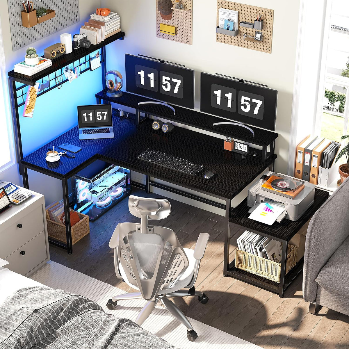 EnHomee 56' Medium L Shaped Gaming Desk with LED & Power Outlets,Computer Desk with Monitor Stand & Print Stand for Home Office,Reversible Corner Gaming Table with Storage Shelf & Hooks,Black