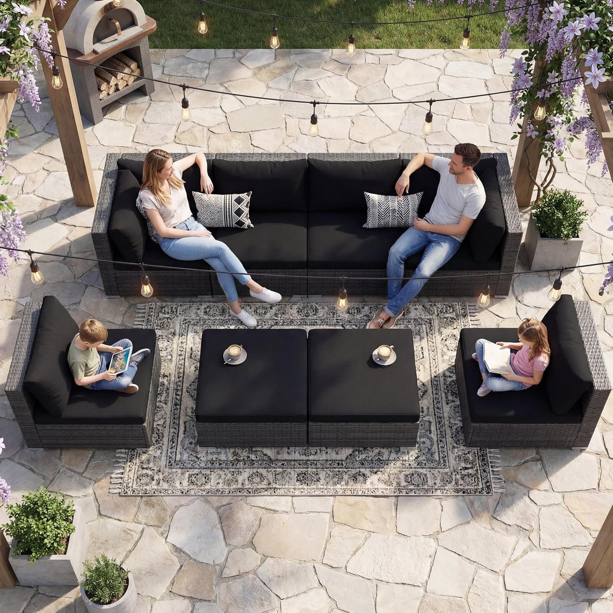 NICESOUL 8 Piece Outdoor Patio Set, 29.3'' High Back Extra Large Wicker Patio Furniture, Deep Seating Comfy L Shaped Modular Sectional Set of 8, Modern Wide Conversation, 2 Color Cushion Black & Gray