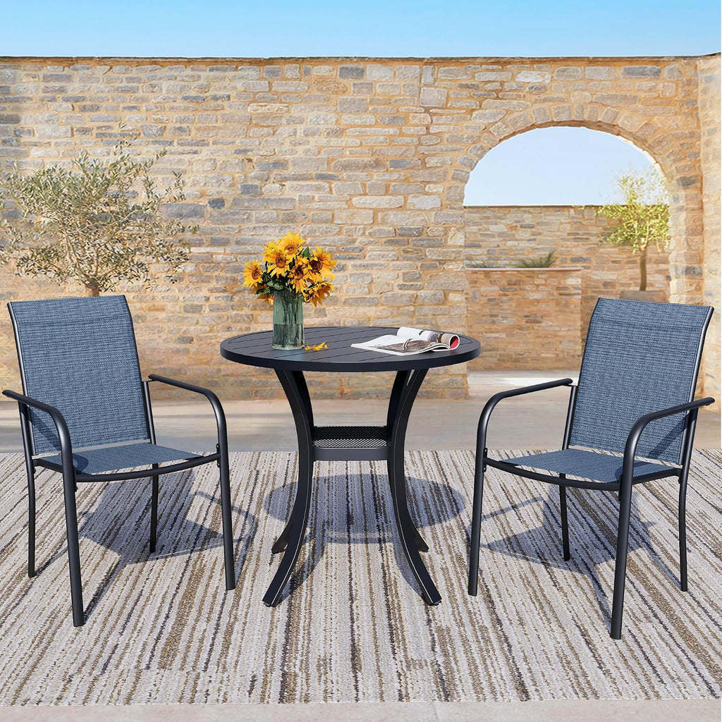 3 Piece Outdoor Dining Set, Patio Table and Chairs Set of 2, 27.6' Black Round Patio Table with 2 Blue Stackable Patio Chairs for Lawn, Garden, Porch