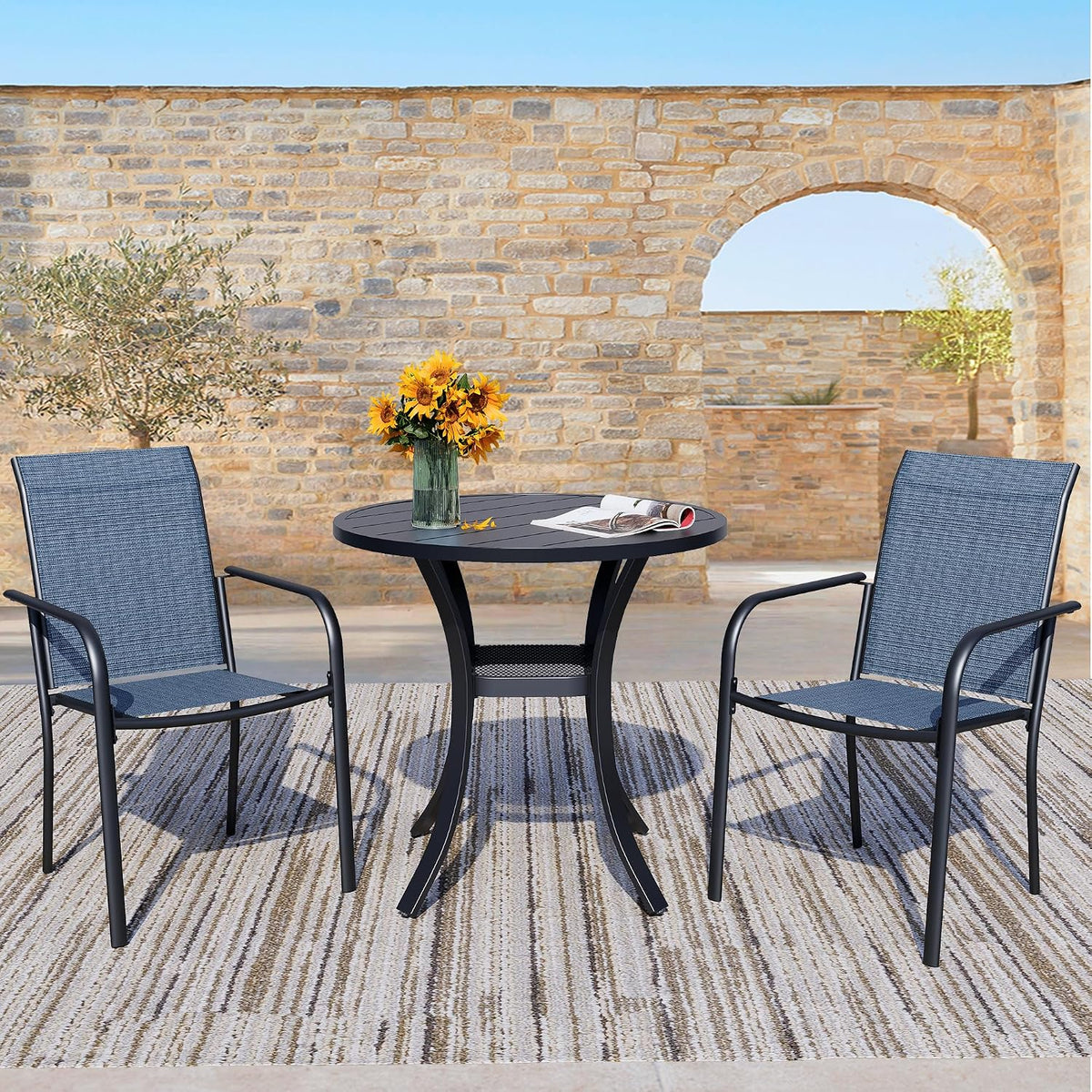 3 Piece Outdoor Dining Set, Patio Table and Chairs Set of 2, 27.6' Black Round Patio Table with 2 Blue Stackable Patio Chairs for Lawn, Garden, Porch