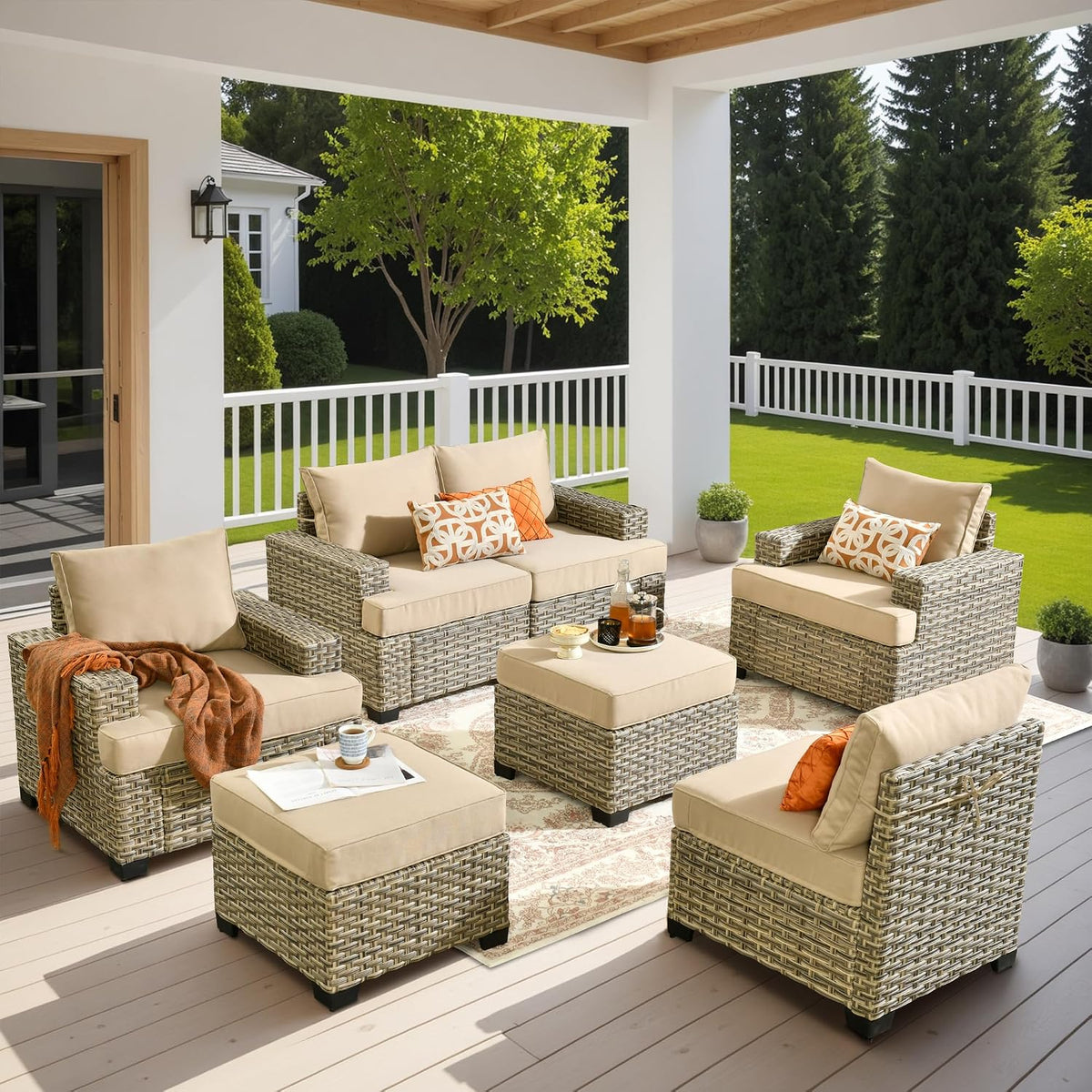 HOOOWOOO Outdoor Sectional Patio Furniture Set,7 Pieces Wicker Conversation Sets,Extra Deep Out Door Sofa Outside Furniture Couch with Ottoman,Beige