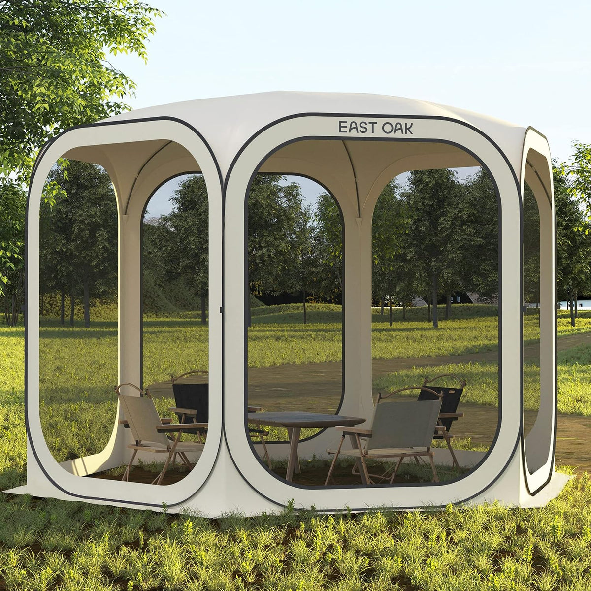 East Oak Screen House Tent Pop-Up, Portable Screen Room Canopy Instant Screen Tent 10 x 10 FT with Carry Bag for Patio, Backyard, Deck & Outdoor Activities, Beige