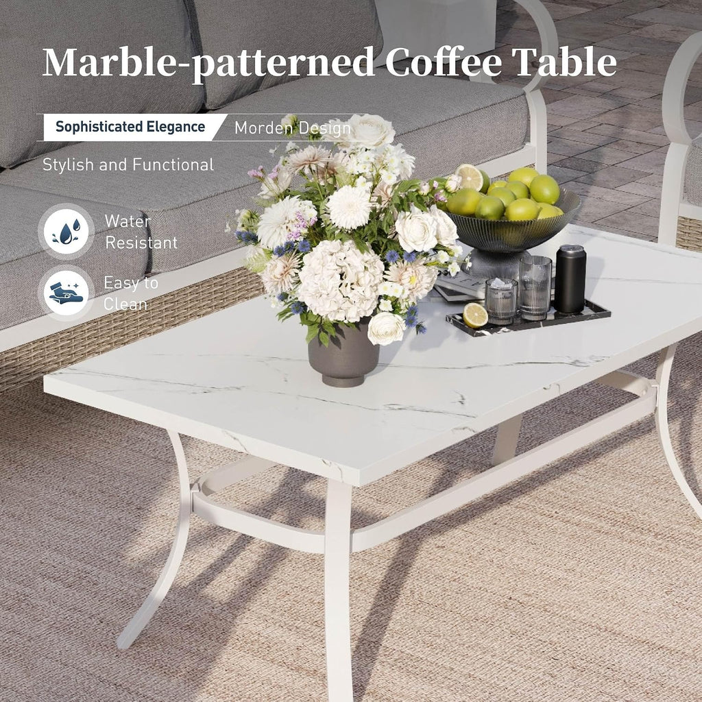 SUNSHINE VALLEY 4 Piece Metal Outdoor Patio Furniture Set, Patio Conversation Sets 1 2-Seater Sofa, 2 Single Sofa with 5.75' Extra Thick Cushion and Coffee Table, White Frame Backyard Furniture, Gray
