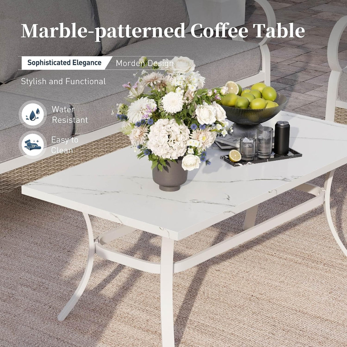 SUNSHINE VALLEY 4 PCS Metal Outdoor Patio Furniture Set, Patio Conversation Set 1 3-Seater Sofa, 2 Rocking Chairs with 5.75' Extra Thick Cushion and Coffee Table, White Frame Backyard Furniture, Gray