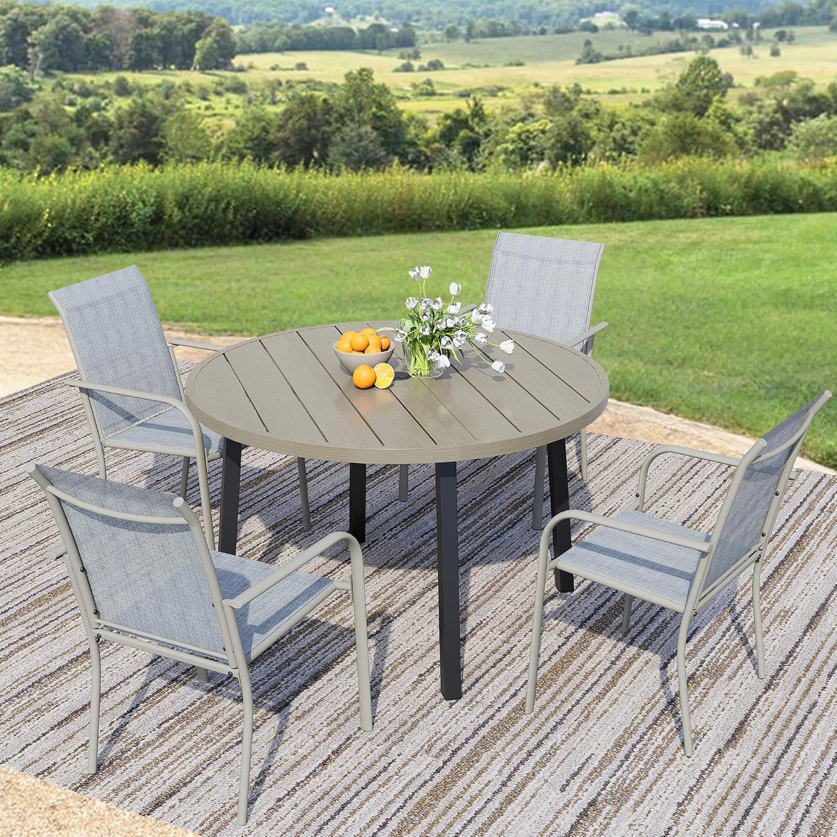 5-Piece Patio Furniture Set, Patio Table and Chairs Set of 4, Ivory Round Patio Table and Beige Chairs, Patio Furniture Set for Garden, Yard, Patio