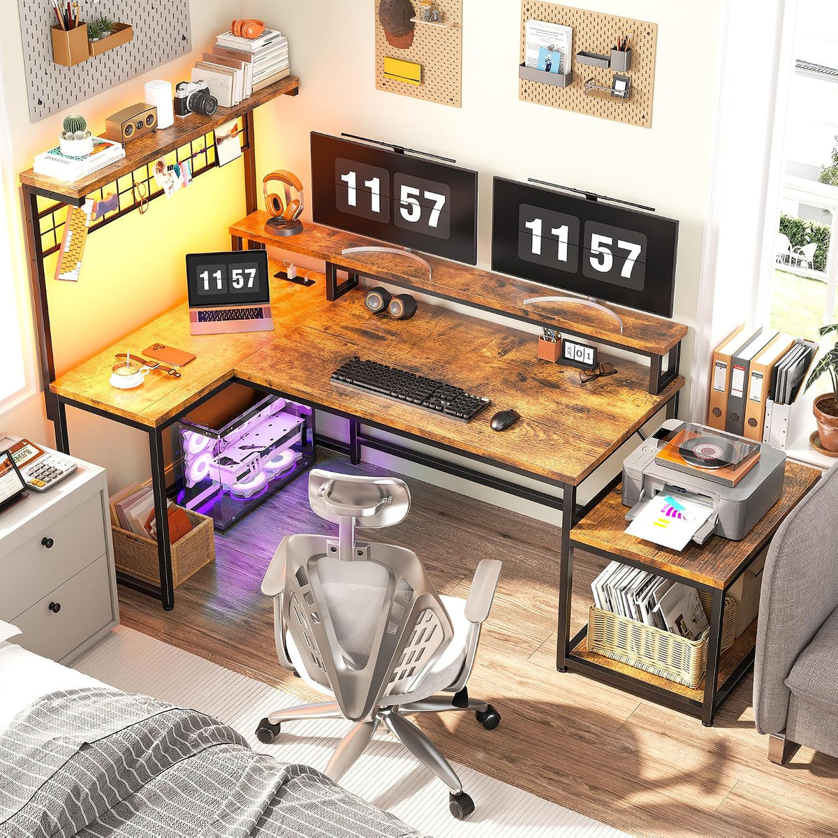 EnHomee 63' L Shaped Gaming Desk with LED Lights & Power Outlets,Reversible Corner Gaming Table with Storage Shelf & Hooks,Computer Desk with Monitor Stand & Print Stand for Home Office,Rustic Brown