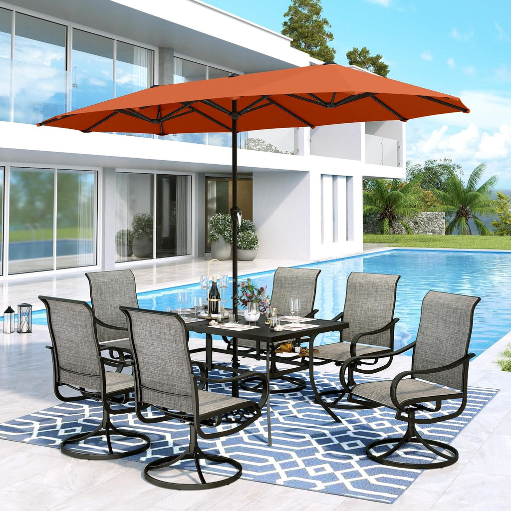 MFSTUDIO Outdoor Dining Set for 6, Patio Furniture Set with Orange Red Umbrella (Base not Included), Rectangle Metal Table and 6 Swivel Chairs for Patio, Deck, Backyard, Garden