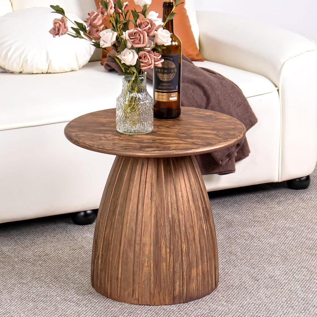 Round Small Patio Side Table Set of 2, Patio Furniture Accent End Table, Metal Steel Outdoor Side Table, for Garden, Pool, Yard, Balcony, Living Room, Deck, Weather Resistant, No Assembly, Wood Color