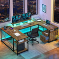 DWVO U Shaped Desk with Drawers, 79' Reversible L Shaped Desk with Power Outlets & LED Lights, Corner Computer Desk with Monitor Stand & Storage Shelves, Rustic Brown