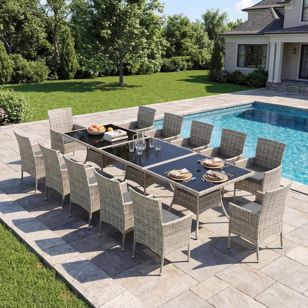 15-Piece Patio Dining Set, Patio Furniture Set with Square Tempered Glass Table & 12 Wicker Chairs, Expandable Design for Larger Groups, Outdoor Furniture for Backyard, Deck, Garden, Grey