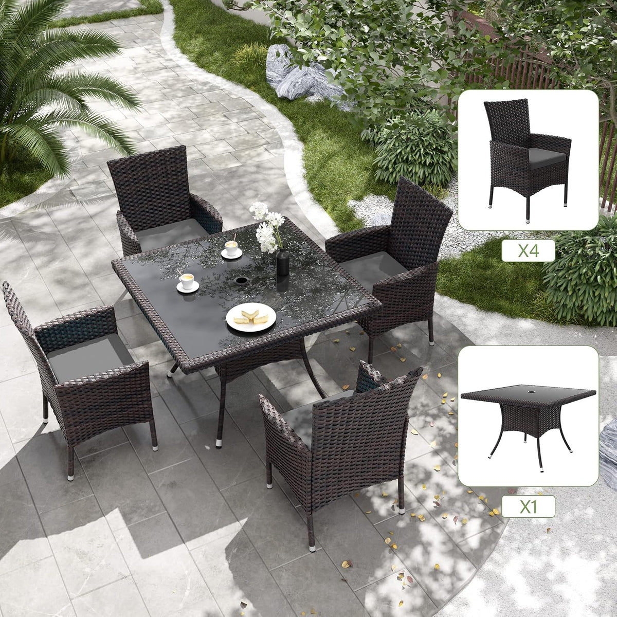 Kurapika 5-Piece Patio Furniture Outdoor Dining Set, Wicker Rattan Patio Dining Table and 4 Chairs Set, Square Tempered Glass Tabletop with Umbrella Hole, for Patio, Backyard, Grey