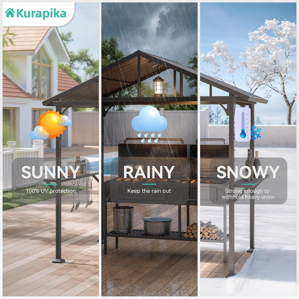Kurapika 8' x 5' Hardtop BBQ Grill Outdoor Gazebo,Waterproof Sloping Roof, Bar with Tool Hooks, Smoke-Venting Iron Canopy for Patio, Yard,Garden, Family Party