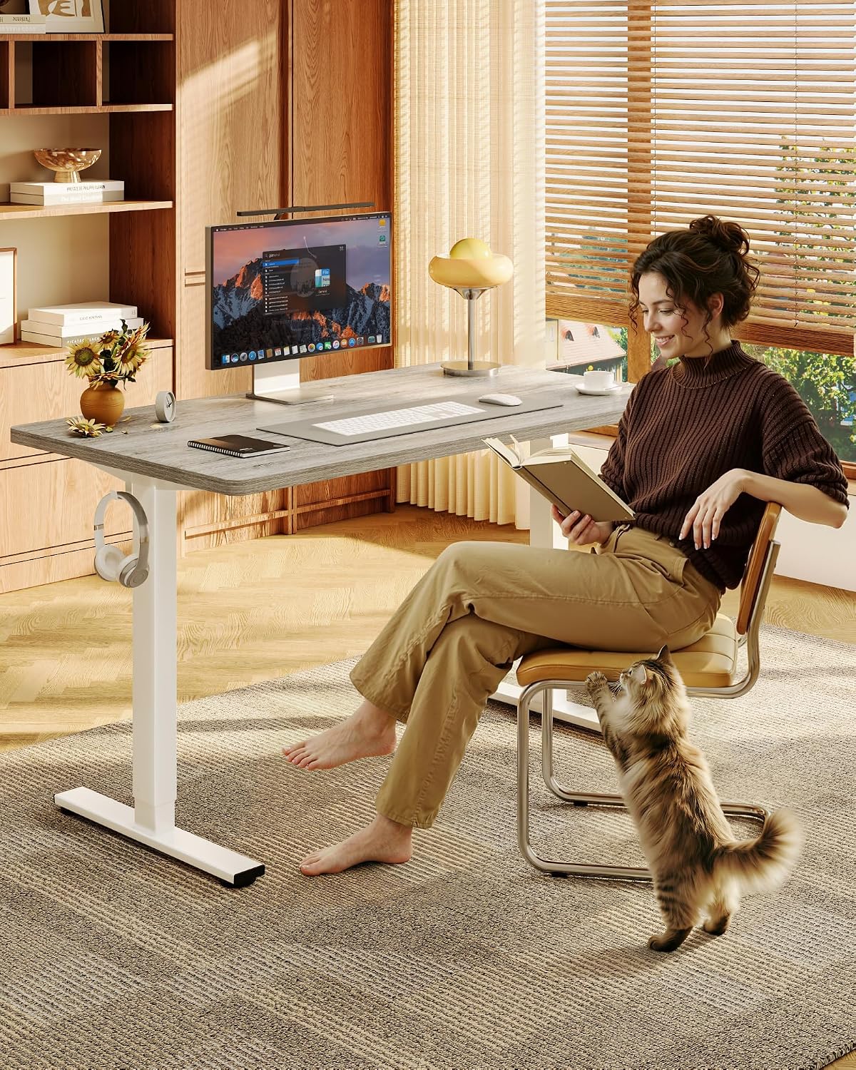 FLEXISPOT EN1 One-Piece Standing Desk with 1-Inch Thick Seamless Desktop, 48'x24' Electric Height Adjustable Desk for Home Office, Multi-Monitor Setups & Easy Assembly, Gray Wood