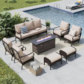 MFSTUDIO 8 PCS Outdoor Patio Furniture Set, Metal Outdoor Conversation Set, Rattan Wicker Patio Sectional, 2 x Fixed and Rocking Sofa, 3-Seat Sofa, 2 x Ottoman, 1 x Fire Pit Table, Beige