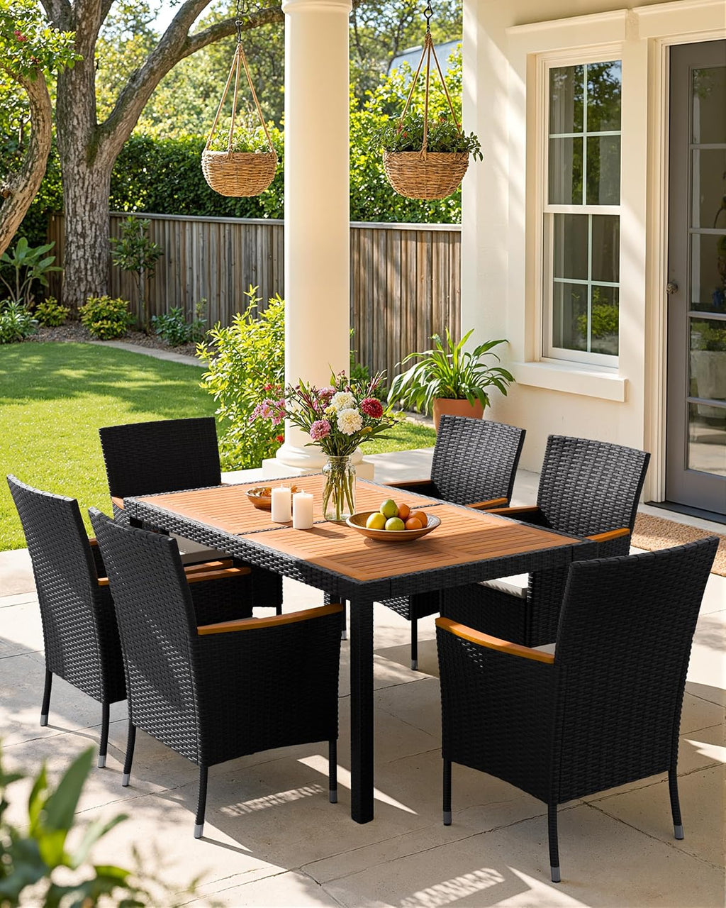 Flamaker 7 Piece Patio Dining Set Outdoor Acacia Wood Table and Chairs with Soft Cushions Wicker Patio Furniture for Deck, Backyard, Garden