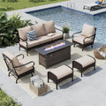 MFSTUDIO 6 PCS Outdoor Patio Furniture Set, Metal Outdoor Conversation Set, Rattan Wicker Patio Sectional Set with 2 x Rocking Single Sofa, 3-Seat Sofa, 2 x Ottoman, 1 x Fire Pit Table, Beige