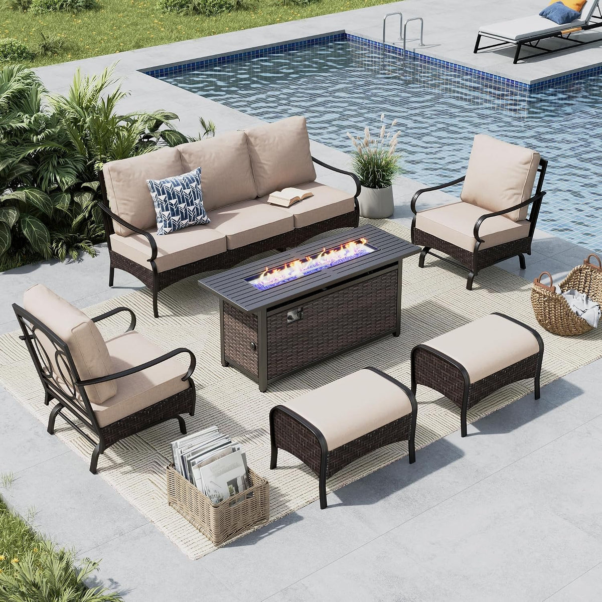 MFSTUDIO 6 PCS Outdoor Patio Furniture Set, Metal Outdoor Conversation Set, Rattan Wicker Patio Sectional Set with 2 x Rocking Single Sofa, 3-Seat Sofa, 2 x Ottoman, 1 x Fire Pit Table, Beige