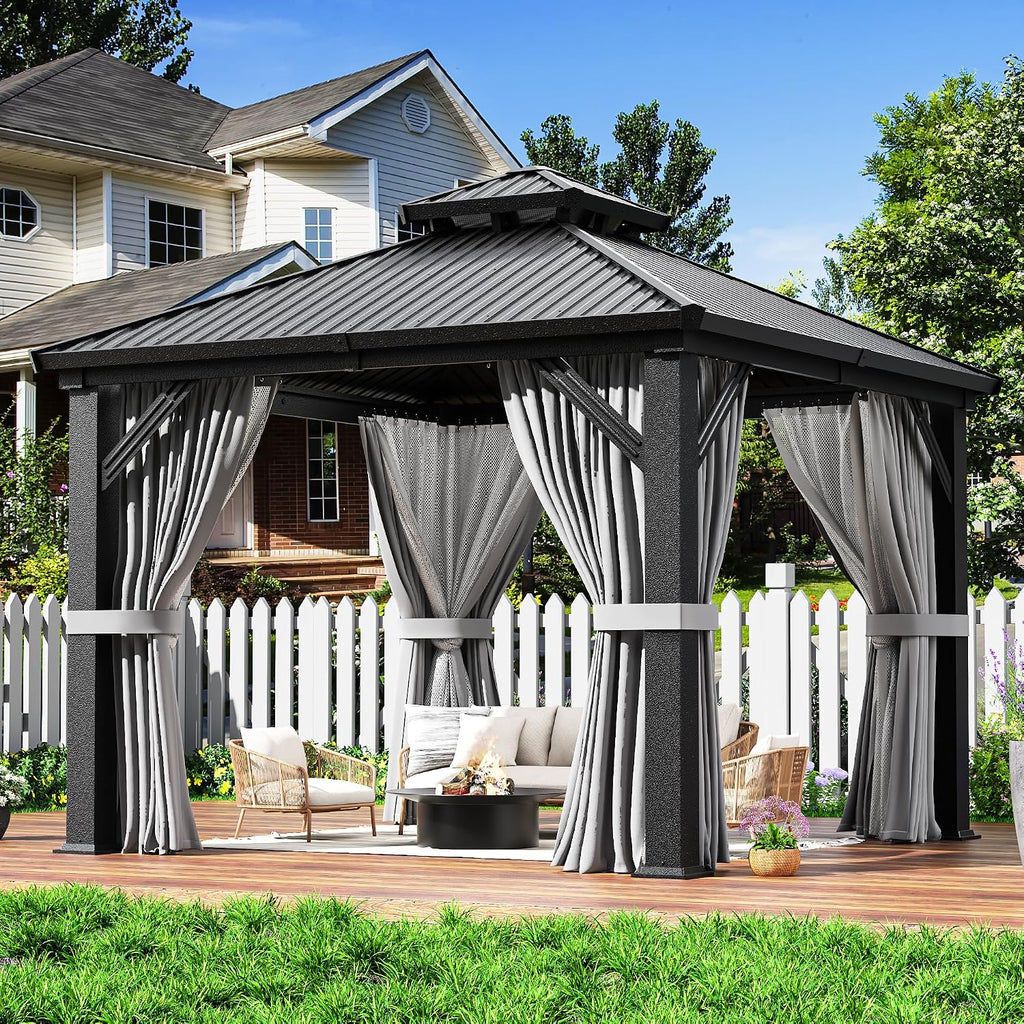 AirWire 10'x10' Outdoor Gazebo Hardtop Grill Gazebo Aluminum Galvanized Steel Double Roof Outdoor Pergola Include Curtain and Netting for Backyard, Patio, Lawn