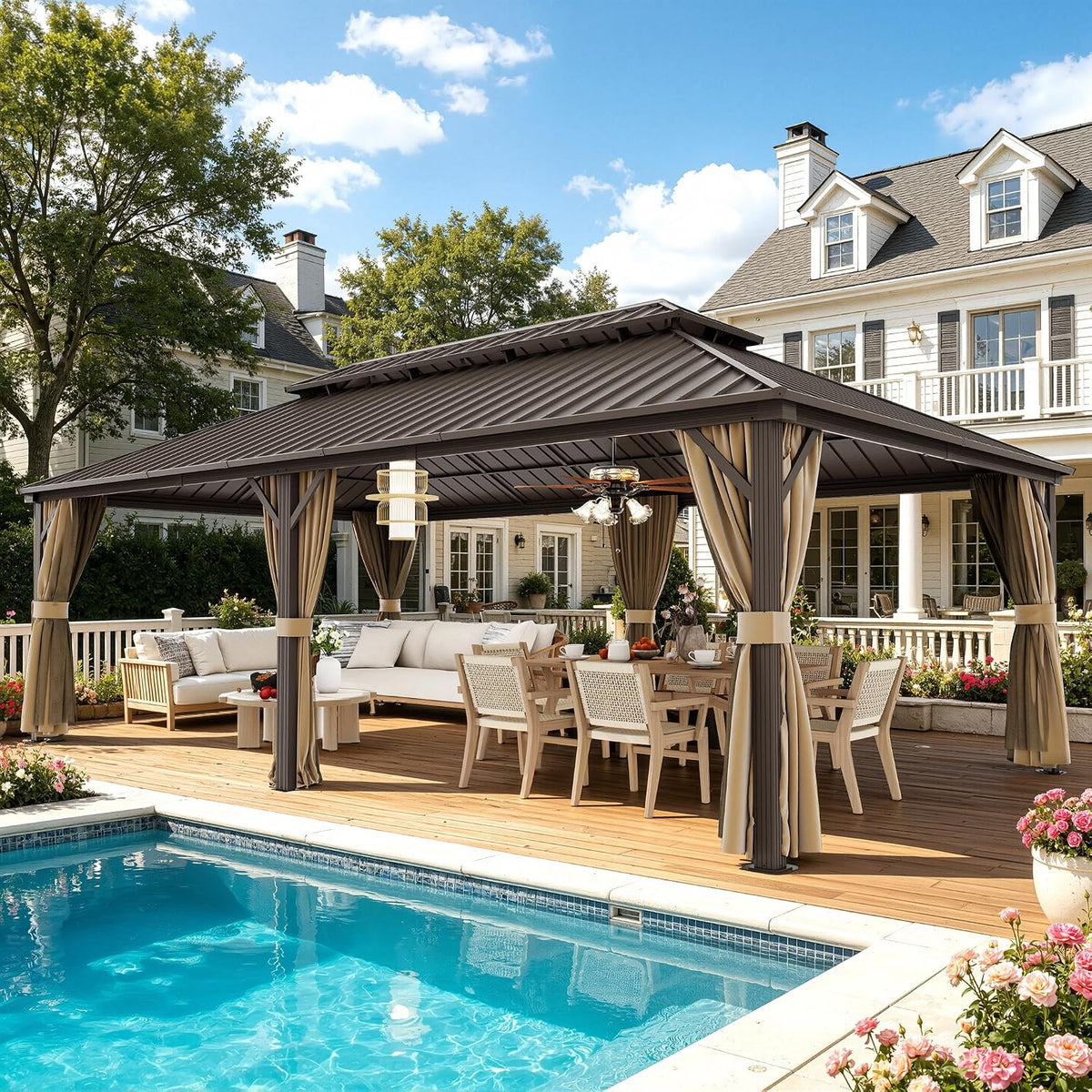 12×24 ft Outdoor Gazebo with Double-Layered Galvanized Steel roof, Hard-top Canopy Featuring Curtains and mesh Panels, Suitable for patios, Gardens, Decks, lawns, and backyards.