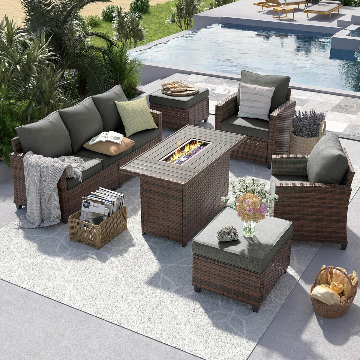 UDPATIO Outdoor Patio Furniture Set with 44' Fire Pit Table, 6 Pieces Sectional Conversation Sets, All-Weather Wicker Rattan Sofa Ottoman with 4' Thick Cushion for Garden Backyard Deck, Dark Grey