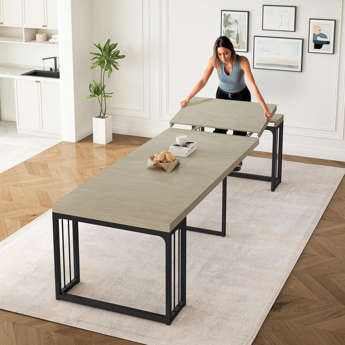 23.6' - 118' Extendable Dining Room Table, Modern Extra Long Folding Dining Tables for 2-10 People, Adjustable Kitchen Dinner Table, Outdoor Patio Furniture Set, Ancient White