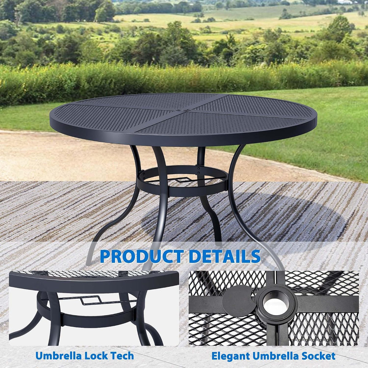 5-Piece Outdoor Dining Set, Mesh Round Patio Table and Grey Chairs, Black Patio Table and Chairs Set of 4, Patio Furniture Set for Garden, Yard, Patio