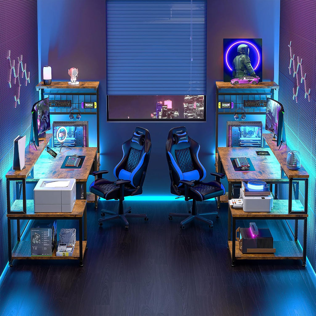 DurayLoly 63' Computer Desk with LED Lights & Outlets,Office Desk with Drawers & Monitor Stand,Gaming Desk with 3 Storage Shelves, Hooks& Printer Space for Game&Study Room,Home Office,Bedroom,Brown