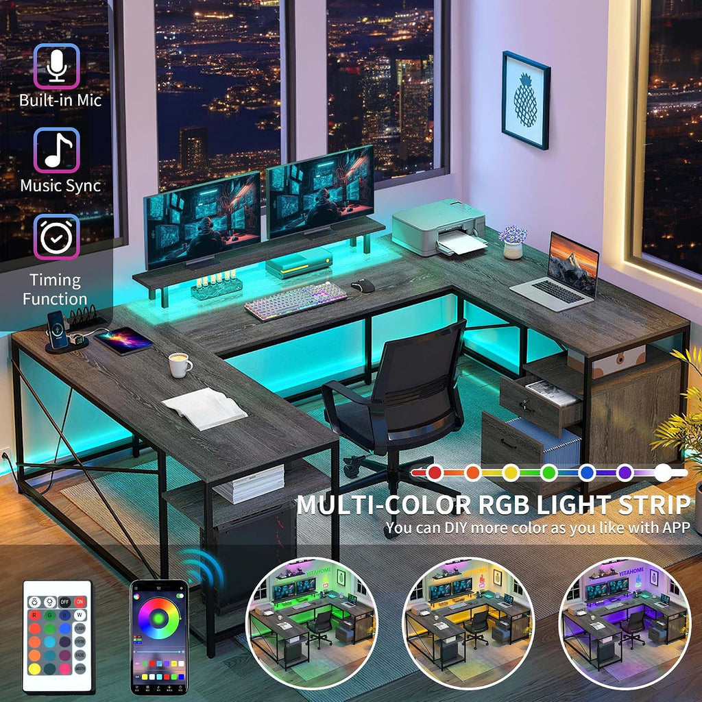 DWVO U Shaped Desk with Drawers, 79' Reversible L Shaped Desk with Power Outlets & LED Lights, Corner Computer Desk with Monitor Stand & Storage Shelves, Grey