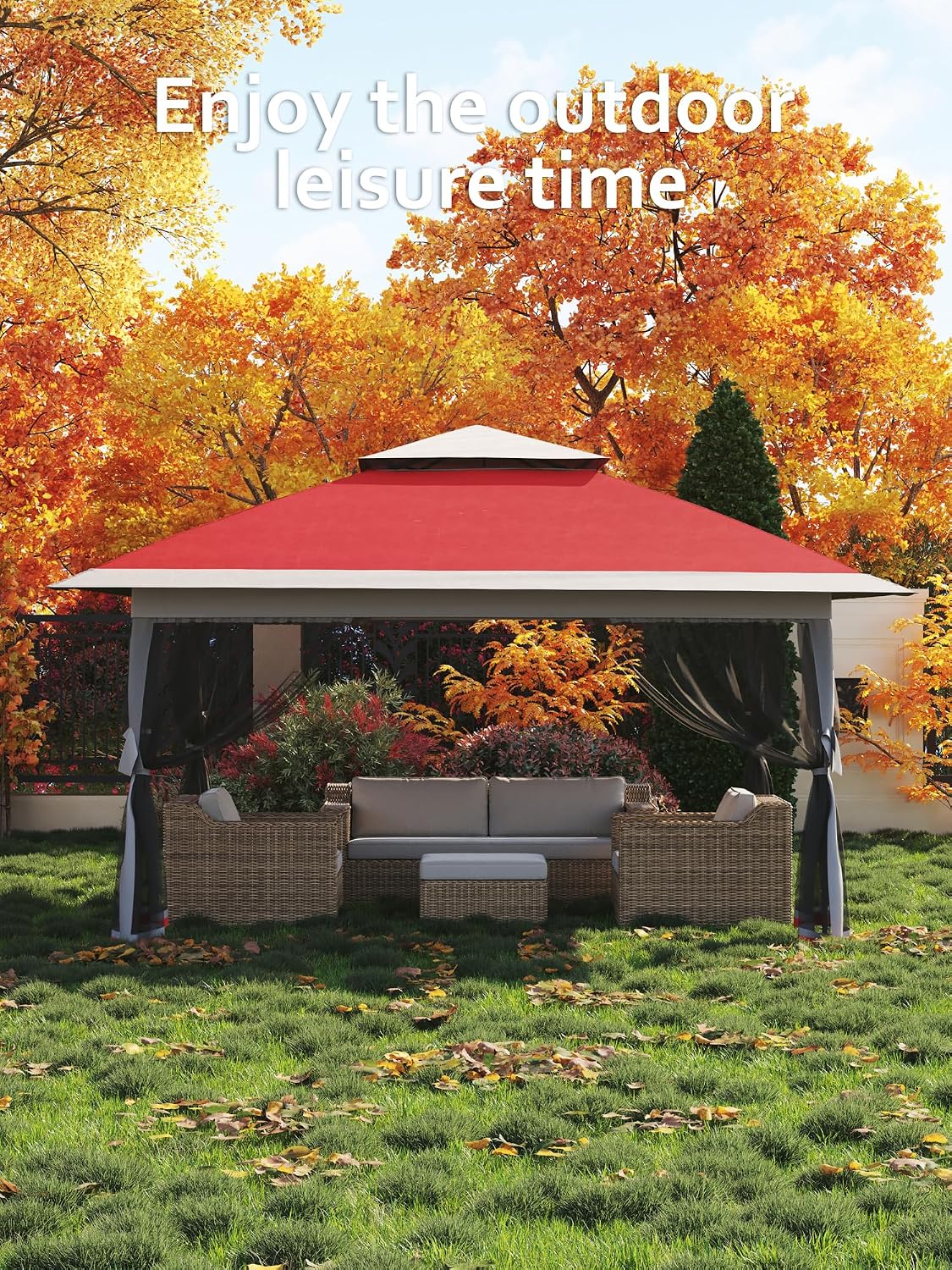 Garvee 13x13 ft Pop Up Gazebo,Canopy Tent with Mosquito Netting,Outdoor Patio Gazebo,Backyard Tent for Party,Wedding,Outdoor Dining(Red+Light Grey)