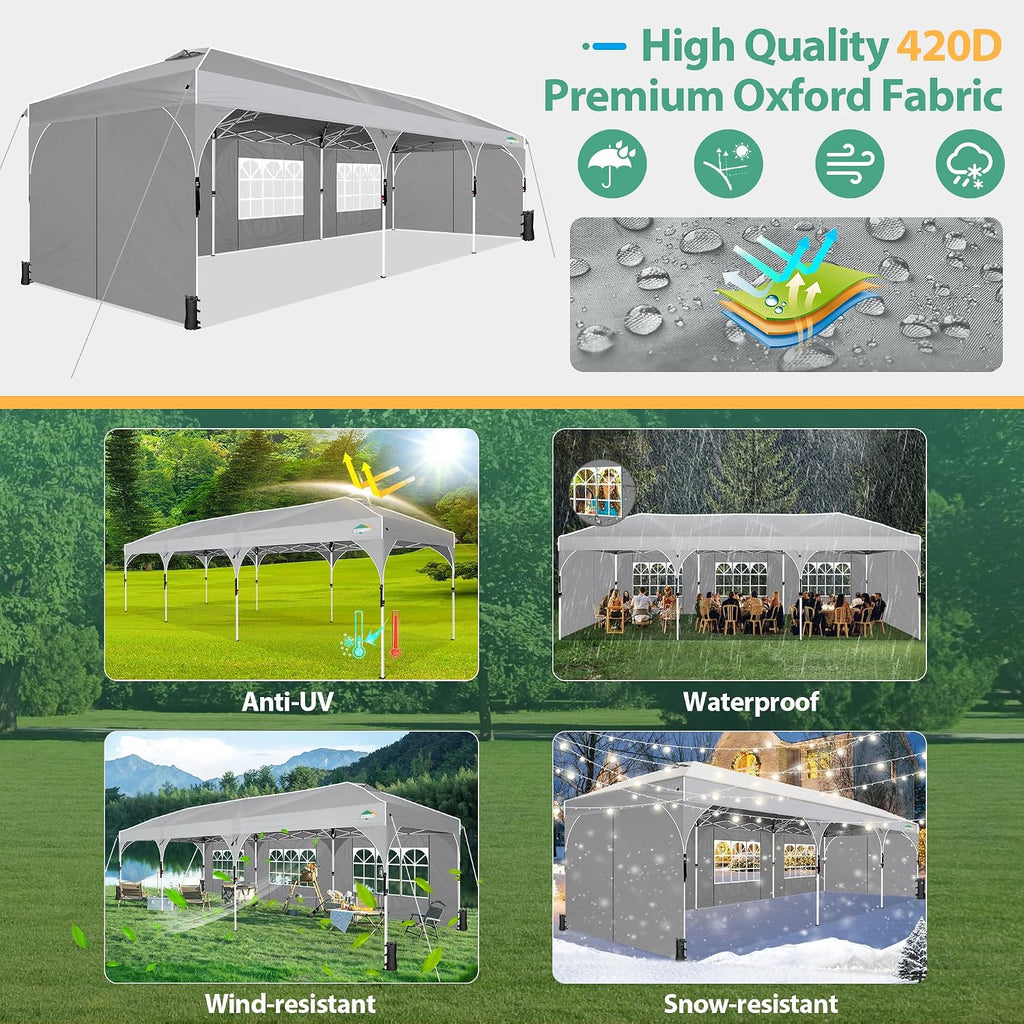 COBIZI 10x30 Party Tent: 10x30 Pop Up Canopy with Wheeled Bag - Tents for Parties with Patented Center-Lock Tech, 420D Waterproof Fabric, Easy Setup Canopy Tent with Removable Sidewalls, (Gray)