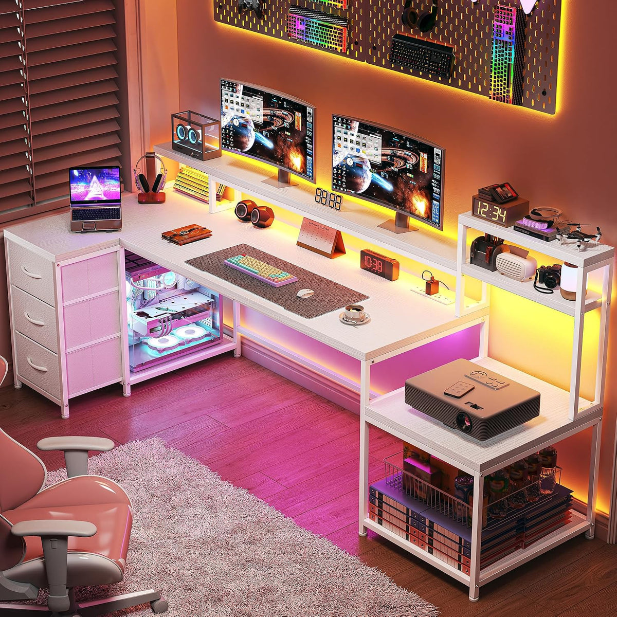 EnHomee 71' L Shaped Gaming Desk with LED Lights,White Computer Desk with Drawers and Printer Shelf,Power Outlet,Reversible Home Office Desks with Storage and Monitor Stand