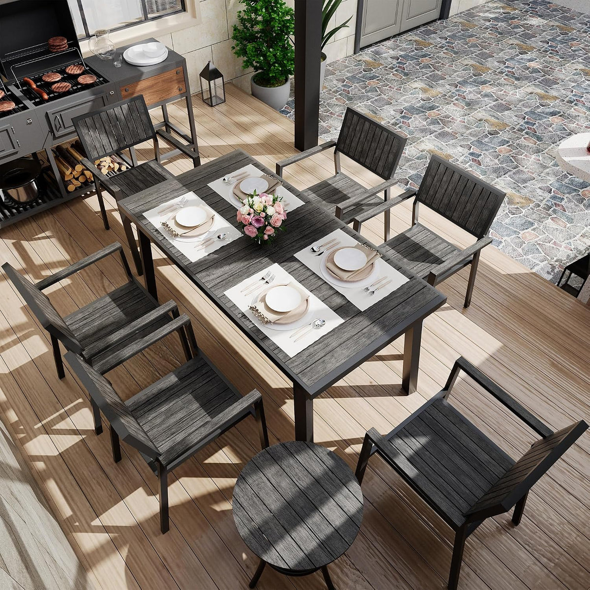 8-Piece Patio Dining Set，Aluminum Outdoor Furniture Set with Wood Table Top,Patio Table and Chairs Set with 6 Outdoor Stackable Chairs for Patio Garden Poolside，Ink
