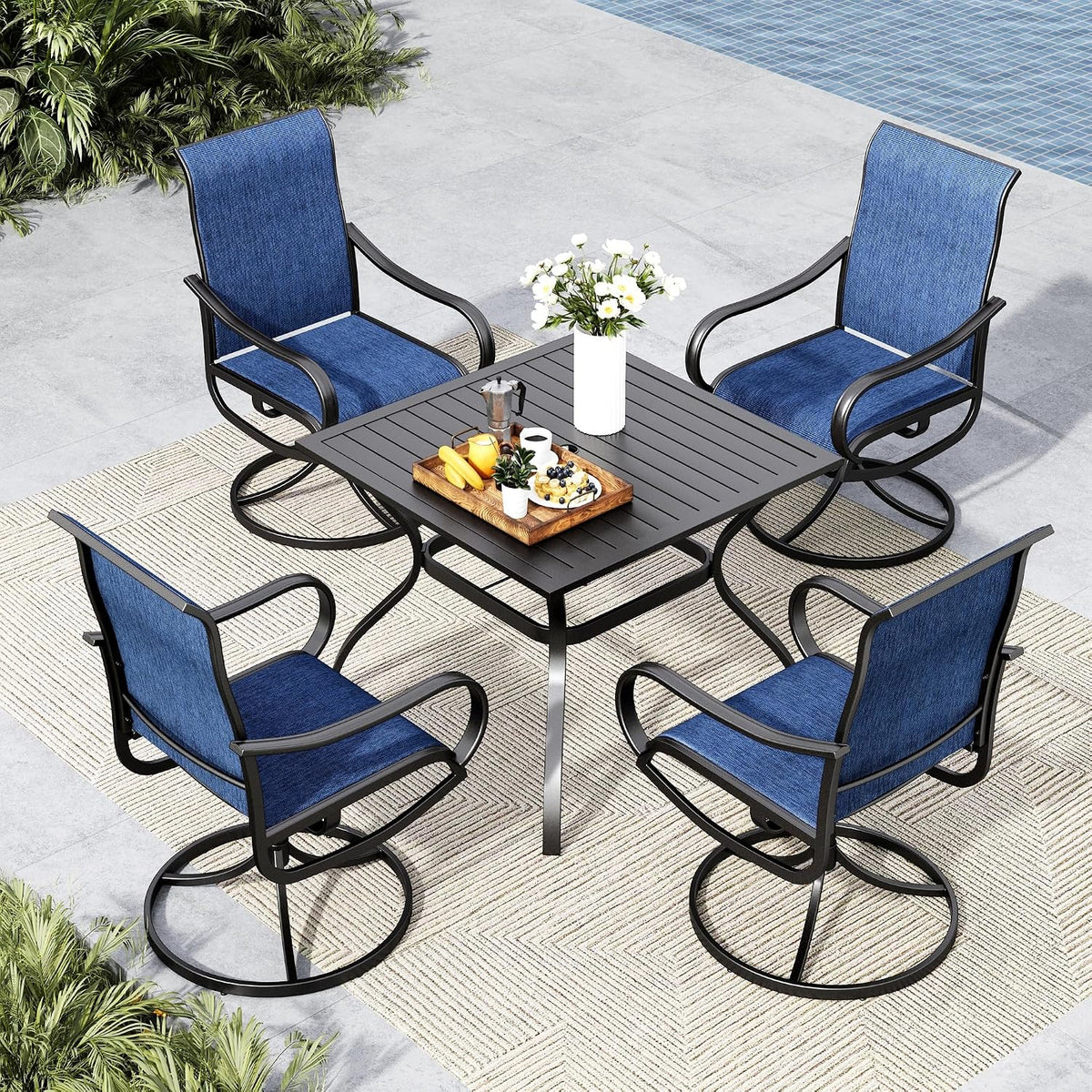 MFSTUDIO Patio Table and Chairs Set of 4, Outdoor Dining Set with Metal Table and Swivel Chairs, 5 Piece Patio Furniture Set for Deck/Backyard/Poolside/Garden
