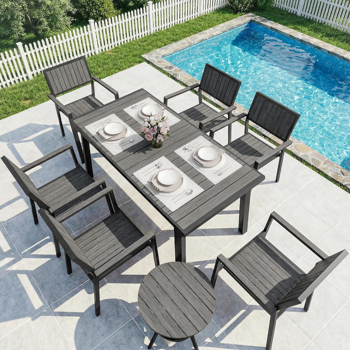 8-Piece Patio Dining Set，Aluminum Outdoor Furniture Set with Wood Table Top,Patio Table and Chairs Set with 6 Outdoor Stackable Chairs for Patio Garden Poolside，Ink