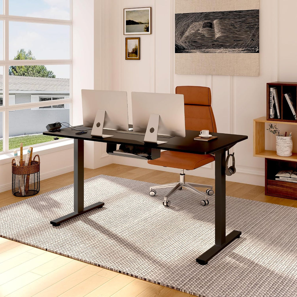 FLEXISPOT EN2 Whole-Piece Standing Desk with Clamp Power Strip, 55 x 28' Electric Stand Up Height Adjustable Desk with Cable Management (Black Frame + 55' Black Top, 2 Packages)