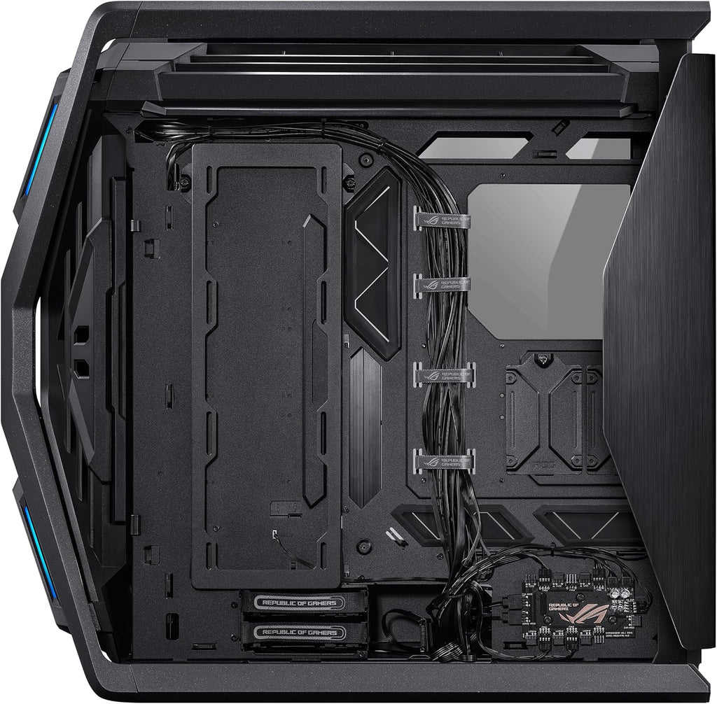 ASUS ROG Hyperion GR701 BTF Edition PC case, ASUS ATX BTF motherboards Support, 420 mm Dual Radiator Support, Four 140 mm Fans, Metal GPU Holder, Component Storage, ARGB Fan hub, 60W Fast Charging
