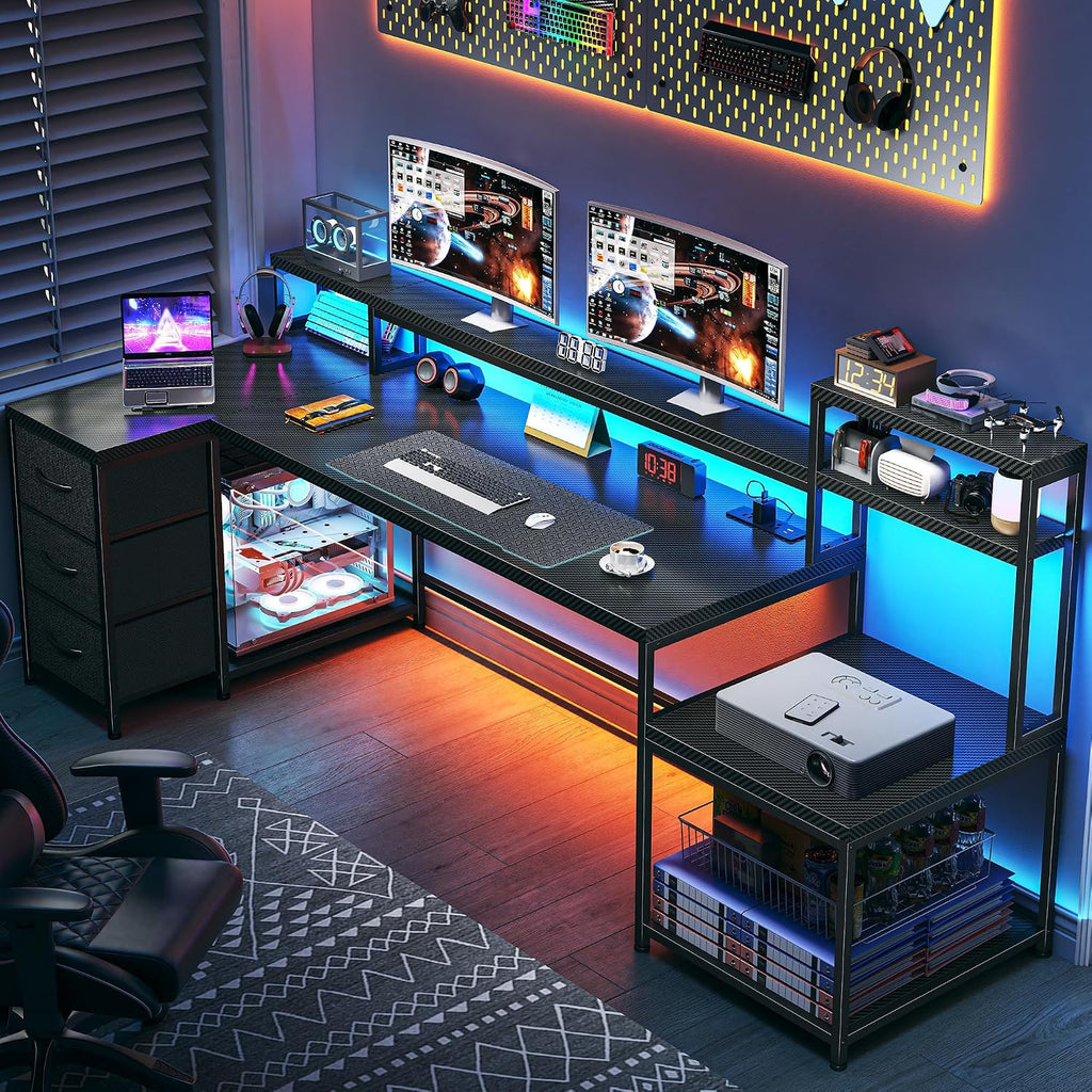 71' L Shaped Gaming Desk with 3 Drawers & Hutch,Computer Desk with Monitor Stand & Power Outlet,Home Office Desk Reversible Black Desk with LED Light,Printer Shelf for Home Office,Black Carbon Fiber