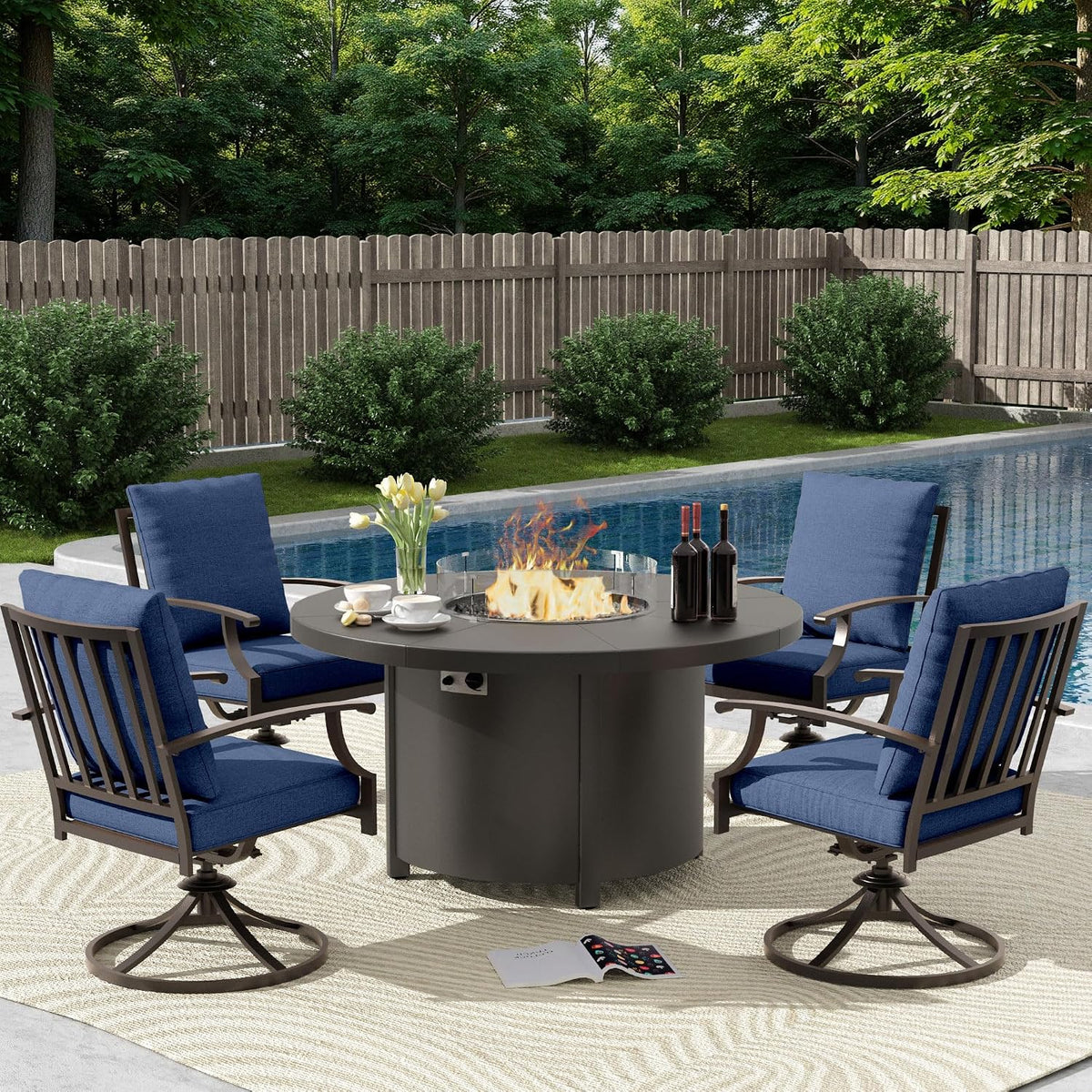 5 Piece Metal Outdoor Patio Furniture Set with 48'/55000 BTU Round Fire Pit Table,Outdoor Dining Table Set 4 Swivel Chairs No-Slip Cushions and Waterproof Covers,Navy