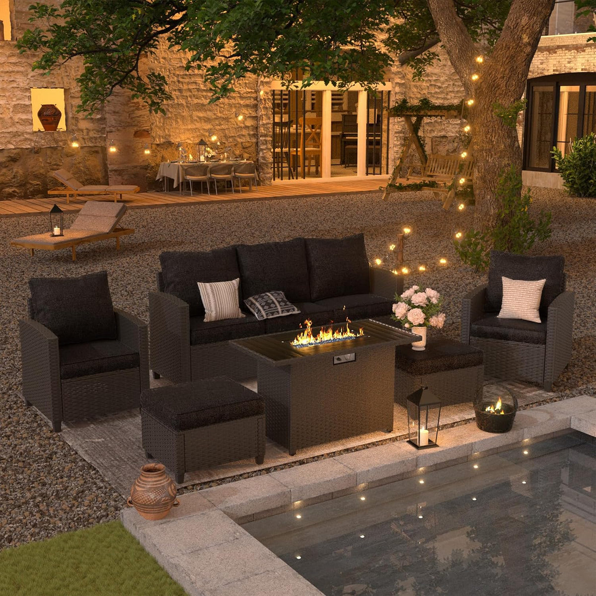 UDPATIO Outdoor Patio Furniture Set with 44' Fire Pit Table, 6 Pieces Sectional Conversation Sets, All-Weather Wicker Rattan Sofa Ottoman with 4' Thick Cushion for Garden Backyard Deck, Black