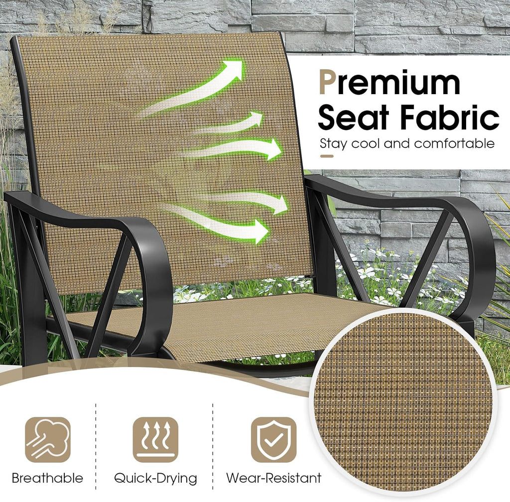 HAPPYGRILL 3-Piece Patio Rocking Bistro Set Rocker Chairs Set with Side Table, Outdoor Conversation Furniture Set with Metal Frame for Porch, Garden, Backyard, Balcony (Brown)
