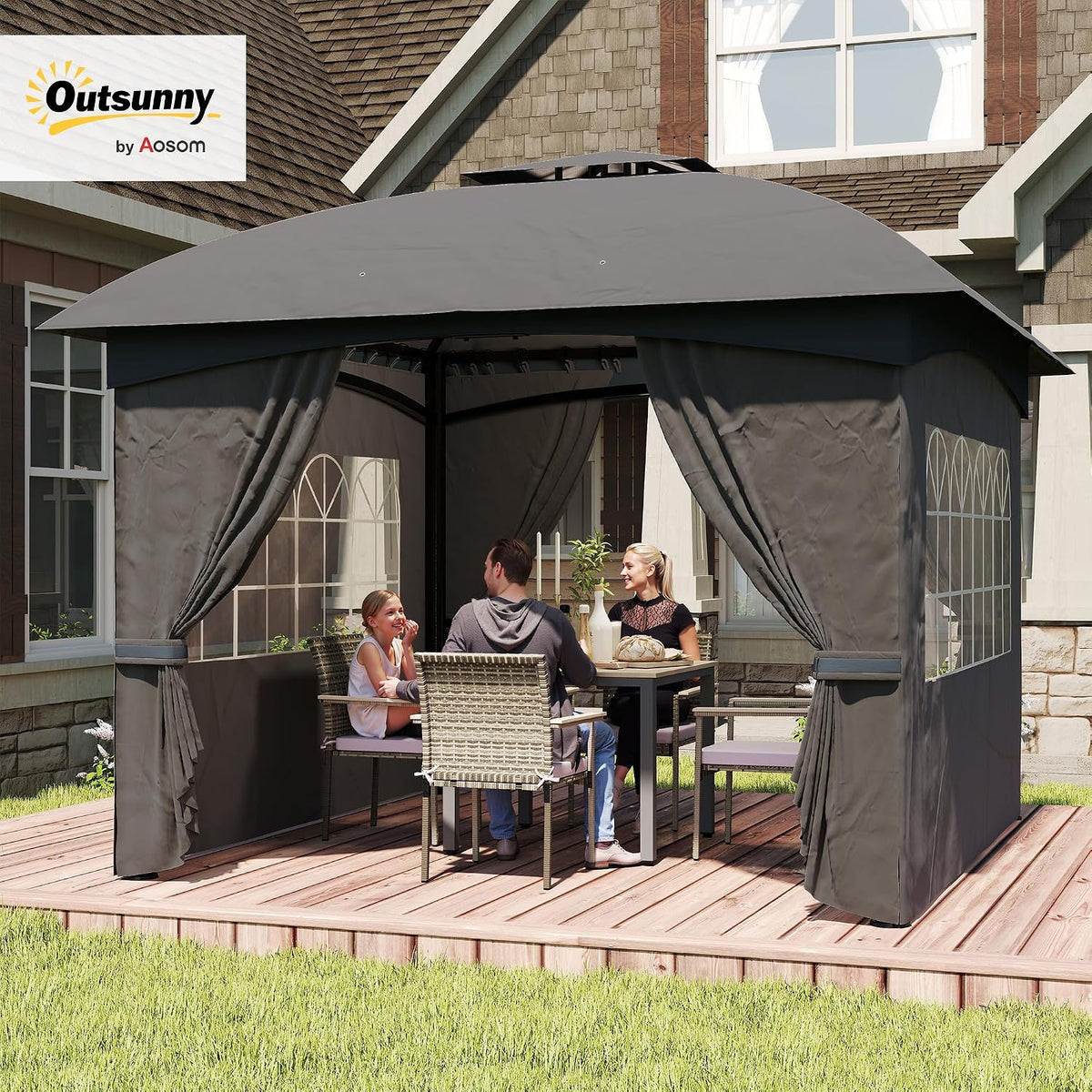 Outsunny 11' x 11' Outdoor Gazebo, Arc Patio Gazebo Canopy Shelter, UV Protected, with Curtains, Church Windows, Double Roof, Galvanized Steel Frame for Lawn, Backyard and Deck, Dark Gray