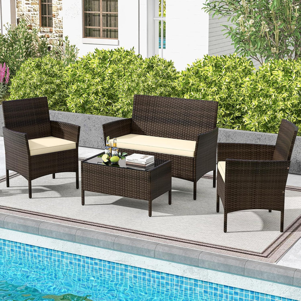 ORALNER 4 Pieces Patio Furniture Set, Rattan Chairs Loveseat with Soft Cushion and Glass Table, Outdoor Wicker Conversation Set for Balcony Garden Backyard Porch Poolside (Beige)
